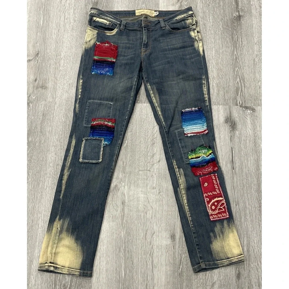 FREE PEOPLE ARTISAN DE LUXE PATCHED SKINNY JEAN BOHO FESTIVAL RARE Women Sz 30 - Picture 2 of 11